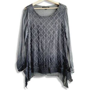 SAKS FIFTH AVENUE 100% Silk Boho Embroidered  Semi-Sheer Blouse Grey Sz L